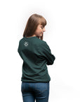 Organically made green unisex crew neck pull over sweater with white text