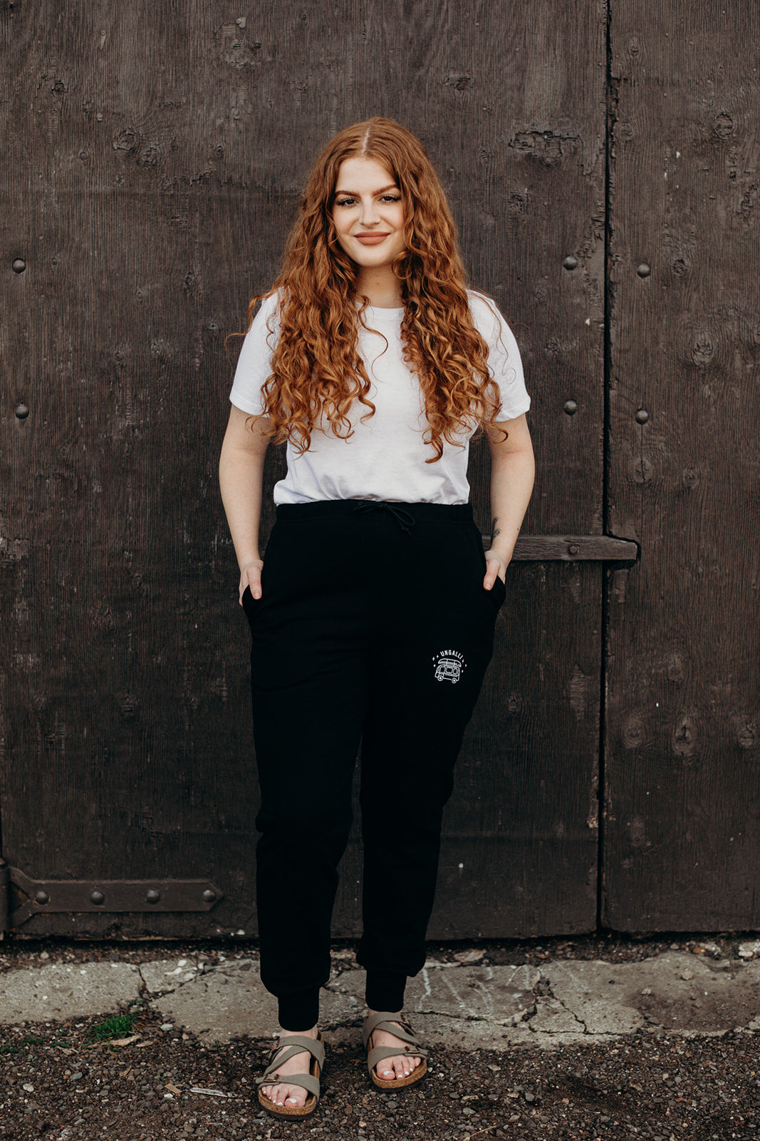 Black ethically made unisex joggers with white detailing