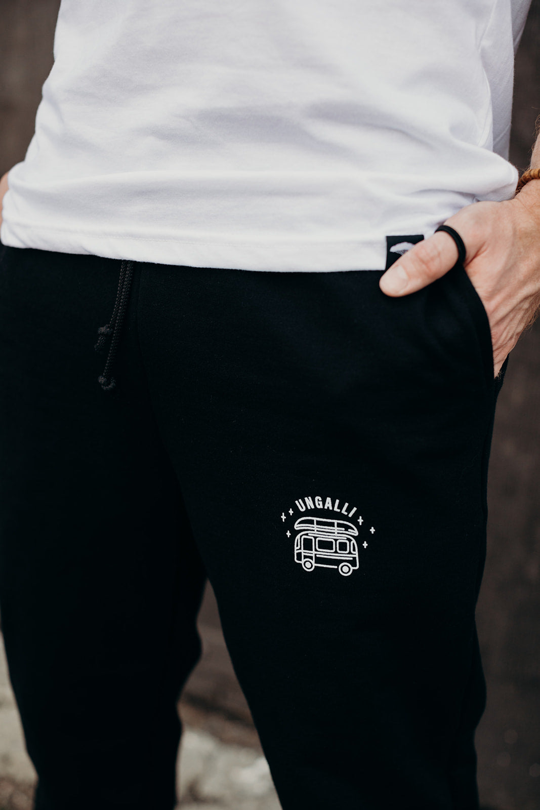 Black ethically made unisex joggers with white detailing