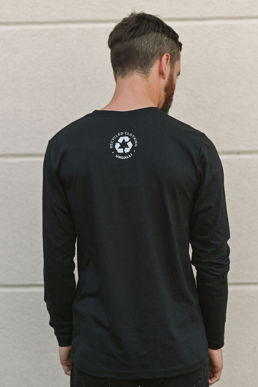 unisex recycled black long sleeve with white text