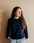 Organic unisex crew neck pullover hoodie in navy