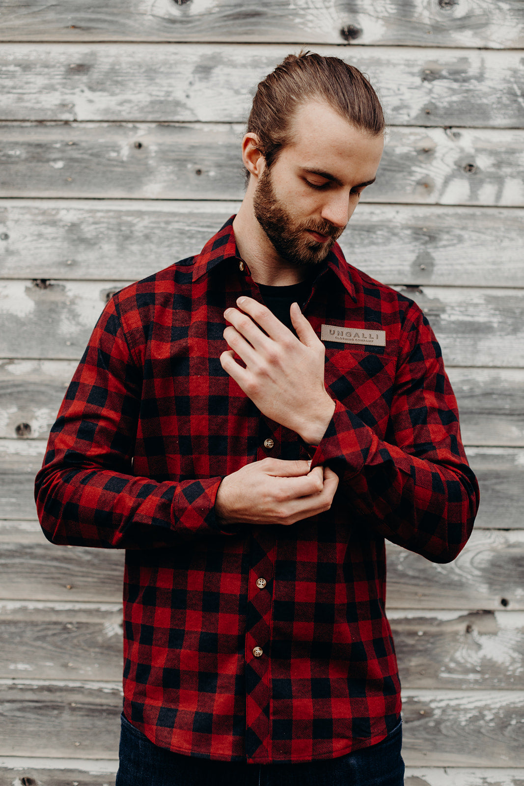 Unisex organic red button up plaid