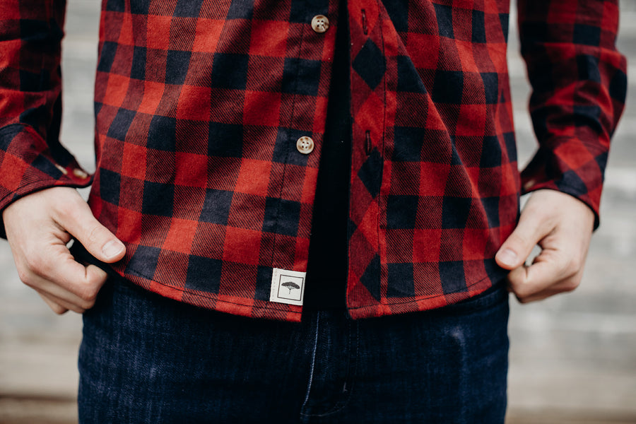Unisex organic red button up plaid
