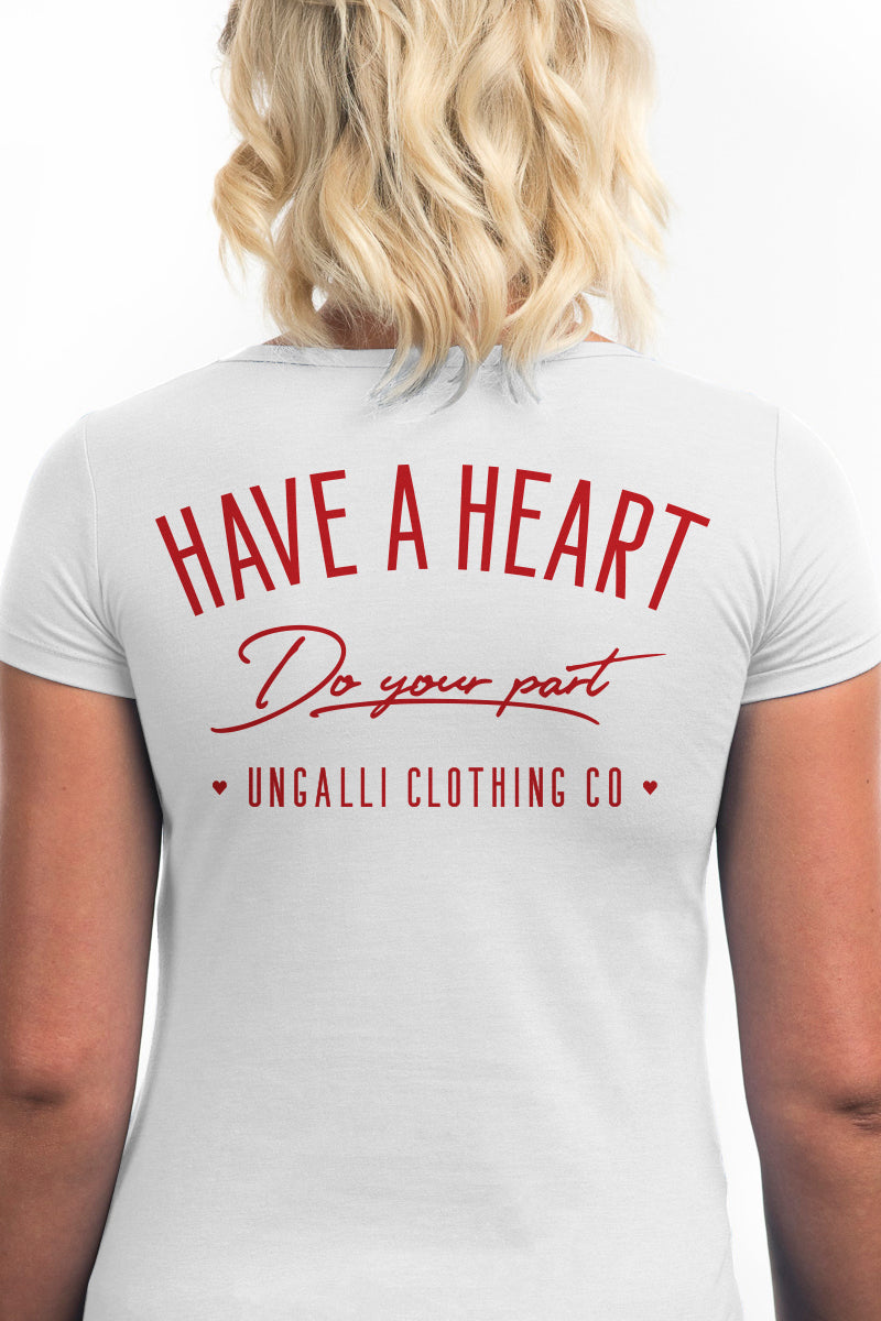 women's organic white t-shirt with red text