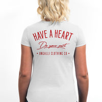women's organic white t-shirt with red text