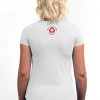 women's white recycled t-shirt with red text